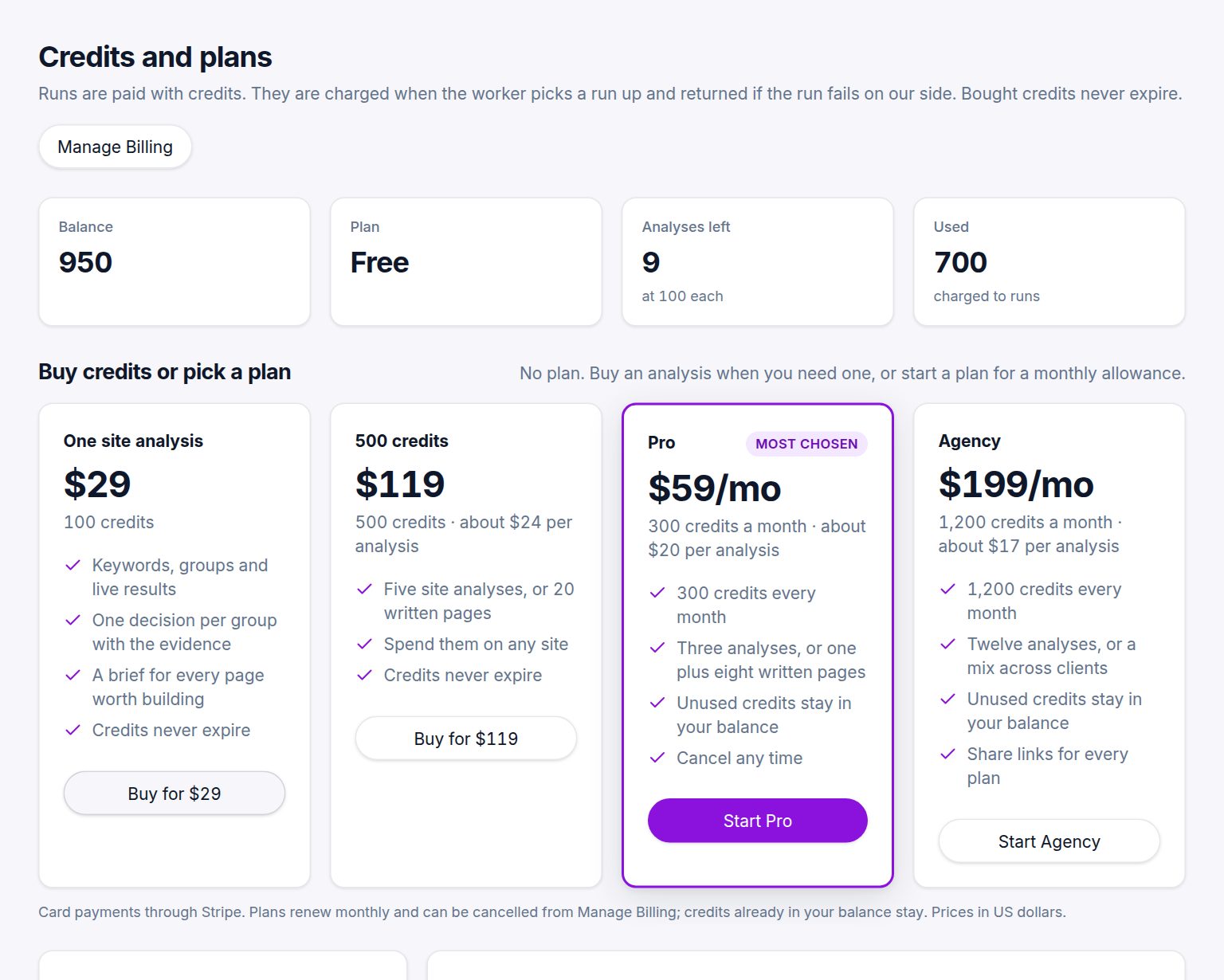 The Credits page with the four purchase options