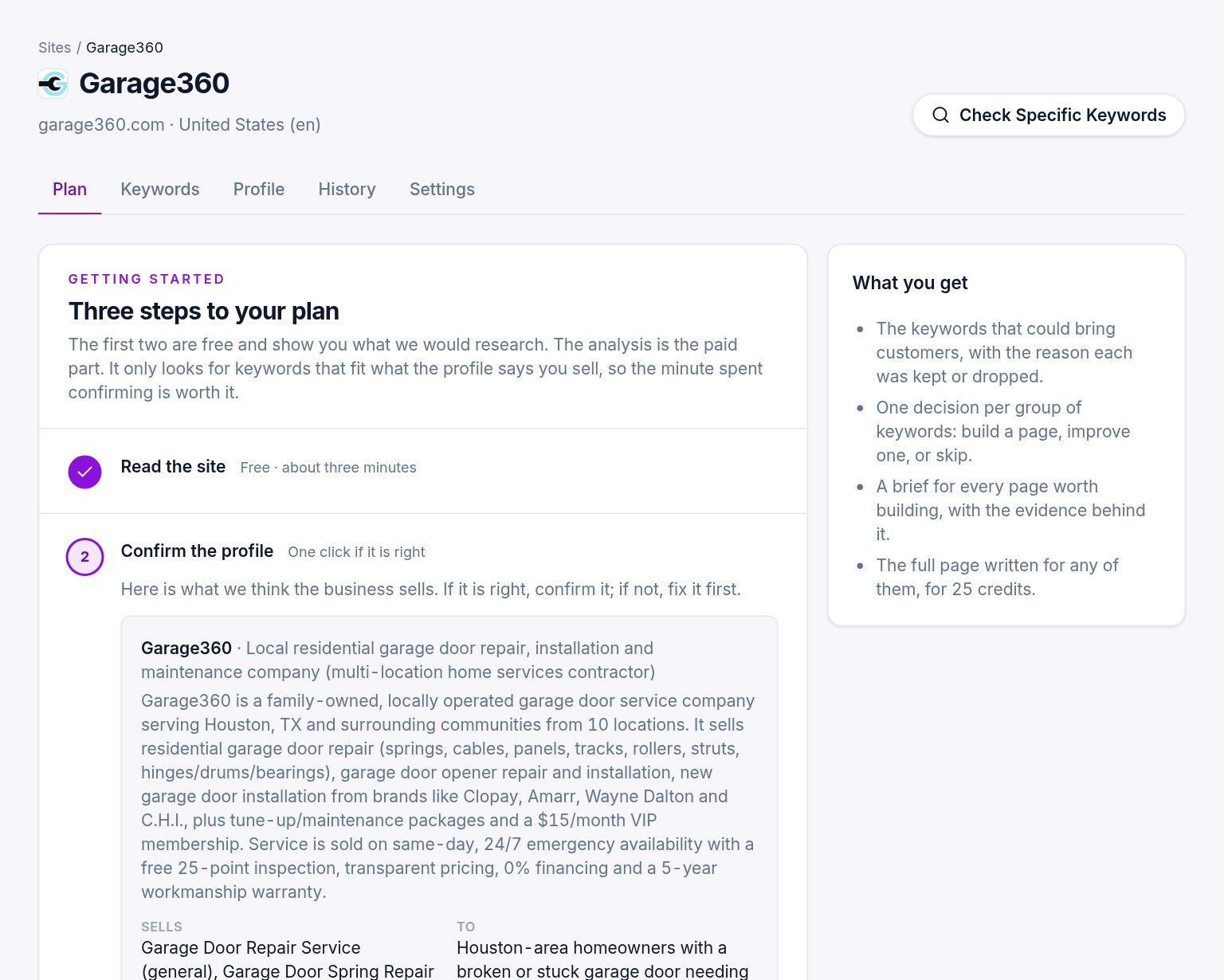 The getting-started checklist on a new site, with the profile ready to confirm