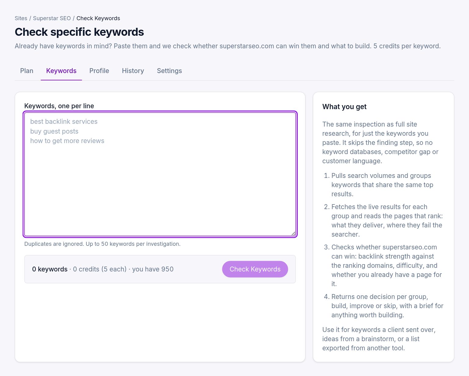 The keyword check screen